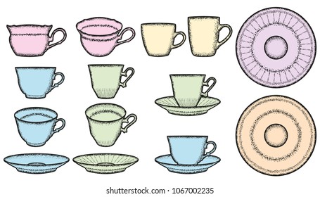 Set of cups and saucers of various shapes. Dot design.
