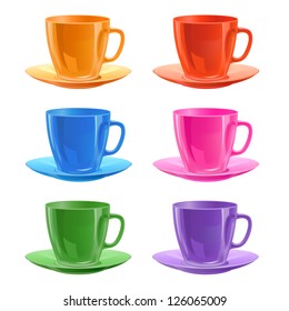 Set of cups with a saucers, vector illustration, isolated on white