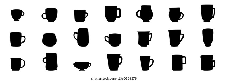 Set of cups silhouette. Hand drawn silhouette of mugs. Large collection of cup or mug silhouette. Vector illustration