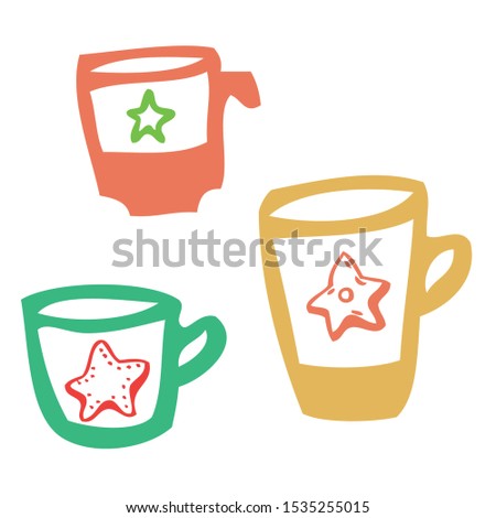 Set of cups with stars. Colourful, possitive design for decorations. Graphic simple hand drawn cups. Green, red, yellow, pink. Christmas and New Year theme, Birthday party. Morning coffee, tea, cacao