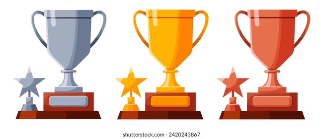 Set of cups with stars. Winners cups, awards. Champions trophy, winning goblets. Prize reward icons. Shiny champion's cups for championships. Symbols of victory in a sporting event, competition