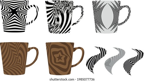 conjunto de tazas y vapor con texturas al estilo de la op art sobre un fondo blanco