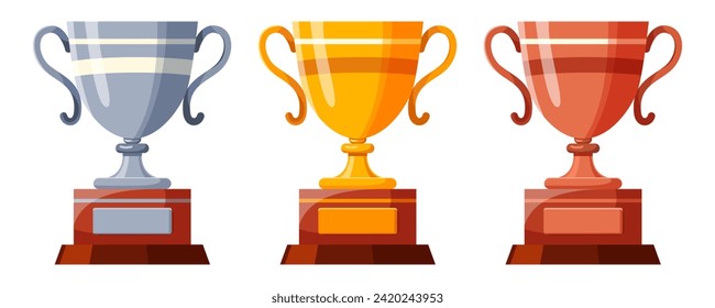 Set of cups with stripes. Winners cups, awards. Champions trophy, winning goblets. Prize reward icons. Shiny champion's cups for championships. Symbols of victory in a sporting event, competition