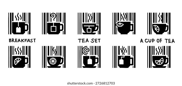 Un conjunto de tazas de té y café para el desayuno con una rodaja de limón similar a un código de barras QR