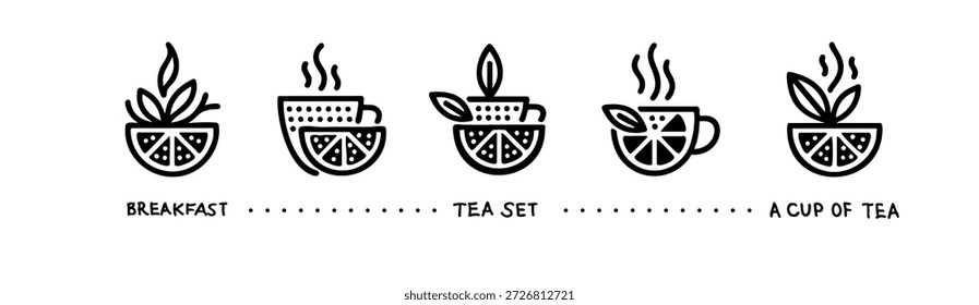 Un conjunto de tazas de té y café para el desayuno con una rodaja de limón similar a un código de barras QR