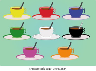 Set of cups of tea, coffee, chocolate on diferents colors
