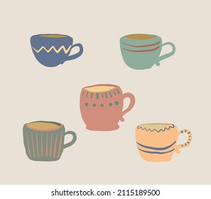 A set of cups. Cups with tea, coffee. Cups with a pattern are drawn in hand drawn style. Cups for tea drinking.

