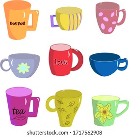 A set of cups for tea and coffee. Vector illustration on a white background. Cups vector illustration. Isolated vector illustration set.