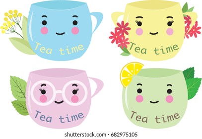 Set of cups, tea cup, Cute, kawaii, herbs, and flowers, herbal, drink, cartoon 