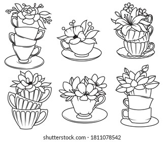 Set of cups of tea with flowers. A collection of porcelain flower cups filled with tea or coffee. Tea time. Flower dishes for a greeting card. Vector illustration cups on saucer  for store. Line art.