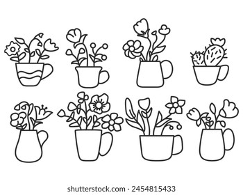 Set of cups of tea with flowers.Porcelain flower cups.A bouquet of flowers in a cup.Outline vector illustration.Isolated on white background.