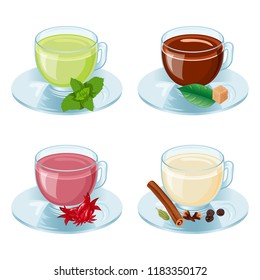 Set with cups of tea (green, black, white, flower). Isolated vector objects on white background. Additives for tea: mint, hibiscus, sugar, cinnamon, cloves, black pepper, green cardamom.