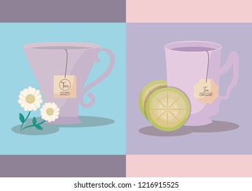 set of cups tea lemon and chamomile icon