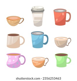 Set of cups with tea. Mugs with coffee and hot drinks. Aroma and beverage. Americano and expresso. Kitchen utensil and dishware. Cartoon flat vector collection isolated on white background