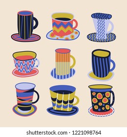 A set of cups for tea with patterns and ornaments. Cups of different colors and shapes. Tea-set.