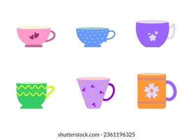 set of cups, tea ware design in a flat vector style. Clipart