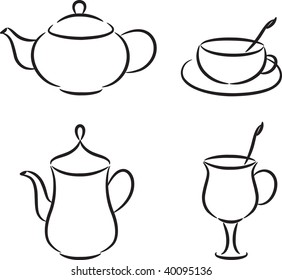 Set of cups and teapots, sketch