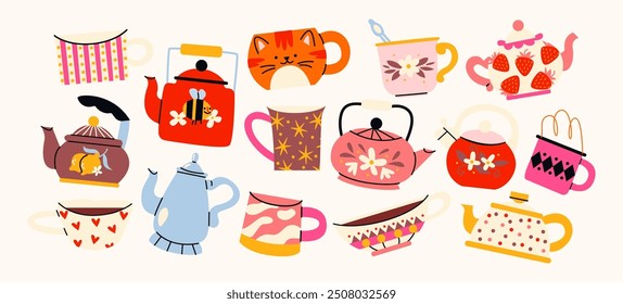 Set of cups and teapots for tea and coffee. Cartoon doodle kitchen mugs with patterns and drawings in retro style. Tea ceremony, porcelain tableware vector stickers