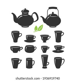 Set of cups and teapots of various shapes. isolated on a white background. Vector illustration