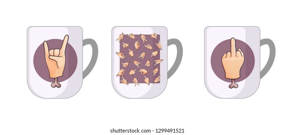 Set of cups with various hands gestures dumb