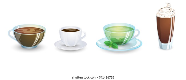 A set of cups with various hot drinks isolated on a white background. Coffee and tea. Vector illustration
