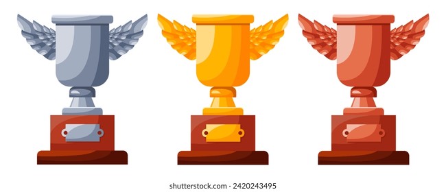 Set of cups with wings. Winners cups, awards. Champions trophy, winning goblets. Prize reward icons. Shiny champion's cups for championships. Symbols of victory in a sporting event, competition