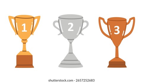 Conjunto de copas para los ganadores en competiciones. Ilustración vectorial plana.