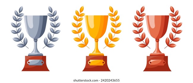 Set of cups with wreaths. Winners cups, awards. Champions trophy, winning goblets. Prize reward icons. Shiny champion's cups for championships. Symbols of victory in a sporting event, competition