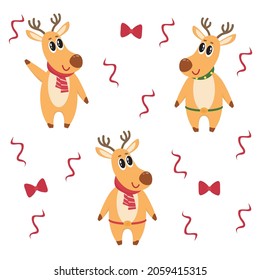 set of cure christmas cartoon deers isolated on white background