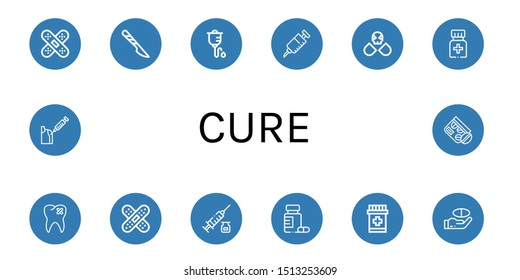 Set of cure icons such as Band aid, Scalpel, Intravenous therapy, Vaccine, Drugs, Medicine, Broken tooth, Syringe , cure