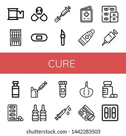 Set of cure icons such as Plaster, Needle, Drugs, Vaccine, Scalpel, Vaccination, Ointment, Medicine, Drug container, Pills, Syringe, Garlic, Blister pack , cure