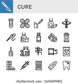 Set of cure icons. Such as Scalpel, Medicine, Band aid, Vaccine, Needle, Syrup, Drug container, Eye drops, Plaster, Pills, Syringe, Ointment, Broken tooth , cure icons