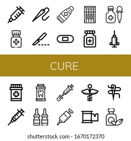 Set of cure icons. Such as Vaccination, Medicine, Needle, Scalpel, Ointment, Plaster, Pills, Syringe, Vaccine , cure icons