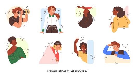 Set of curious characters peeking from behind the wall, watching and spying while looking through binoculars. Peeking people. Portrait. Close-up. Cartoon style. Vector illustration on white background