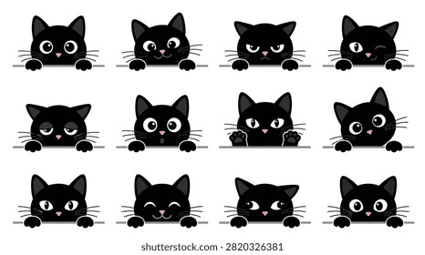 Set of curious feline characters looking from below.