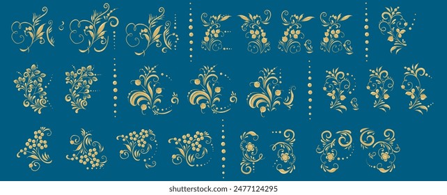 Ein Set aus Locken, goldenen Elementen und Dekorationen für Karten und Hochzeitseinladungen. Vektorgrafik florale Ornamente. Russischer traditioneller alter Stil. Elegantes Vintage-Design, antike Umrandungssymbole