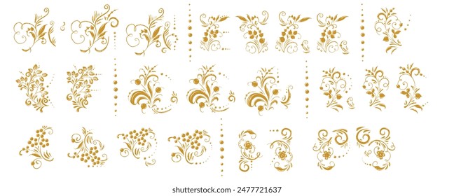 A set of curl, golden elements and decorations for cards and wedding invitations. Vector floral ornaments. Russian traditional old style. Elegant vintage design, antique bordering symbols