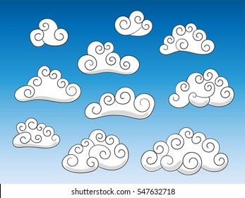 Set von gewölbten Wolken im chinesischen Stil auf blauem Hintergrund, handgezeichnet Vektorgrafik