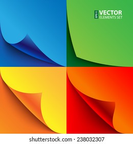 Set of curled colorful paper page corners with realistic shadows. RGB EPS 10 vector illustration