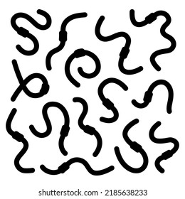 Set of curled earthworms silhouette. Invertebrate crawling worms. Terrestrial annelids worms. Black curled earthworms. Hand drawn illustration.