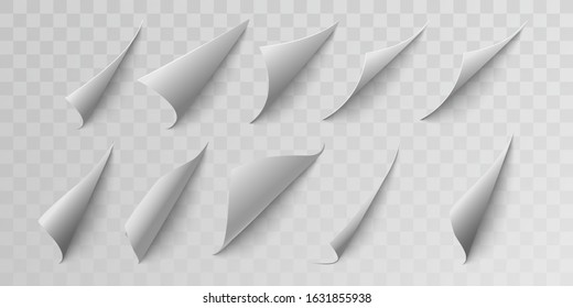Set curled page corner. Curve page corner, pages edge curl and bent papers sheet with. Realistic shadow. Isolated vector illustration