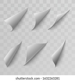 Set curled page corner. Curve page corner, pages edge curl and bent papers sheet with. Realistic shadow. Isolated vector illustration