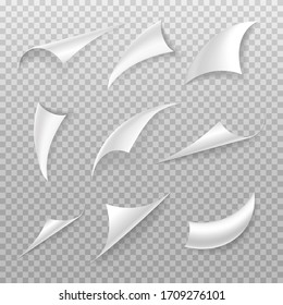 Set of curled page corner with realistic shadow. Paper edges and curls. Flipping book page, blank curling papers corners. Vector illustration isolated on transparent background.