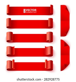 Set of curled red paper banners with shadows on white background. RGB EPS 10 vector illustration