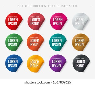 Set of curled round stickers isolated on white background. Simple trendy color icon set.  It can be use for price, promo, adv and etc. Vector illustration.