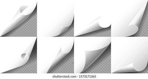 Set of curled White Page Corners on transparent background. Vector illustration.