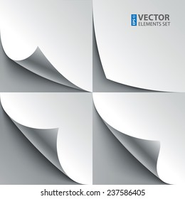 Set of curled white paper page corners with realistic shadows. RGB EPS 10 vector illustration