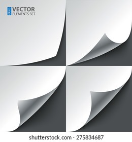 Set of curled white paper page corners with realistic shadows. RGB EPS 10 vector illustration