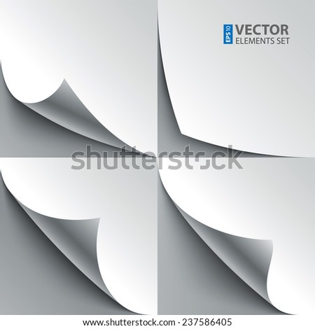 Set of curled white paper page corners with realistic shadows. RGB EPS 10 vector illustration