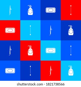Set Curling iron, Bottle of liquid soap, Bar and Cotton swab for ears icon. Vector.